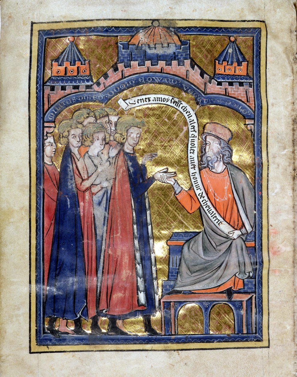 MS. Marlay. Add.1.f2b De Re Miliatari, Vegitius som mottar den unge prins Edward (1239-1307) og hans følgesvenner, ca. 1270 (vellum) av Unknown artist