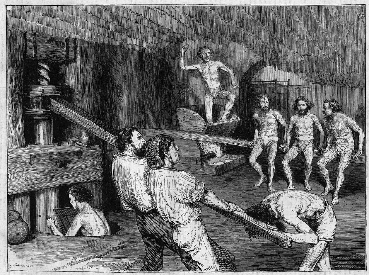 Makaronifabrikk i Napoli: bruk av en skrukvern for å tilberede pastaen som deretter blir petried med føttene. Gravering i "" The Illustrious Universe"" av Unknown artist