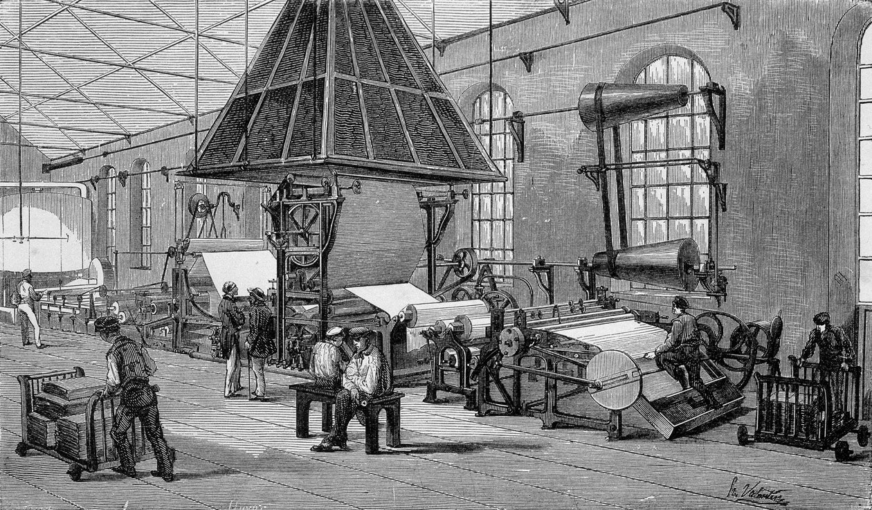 Maskin for å lage løpepapir. 1800-talls gravering. av Unknown artist