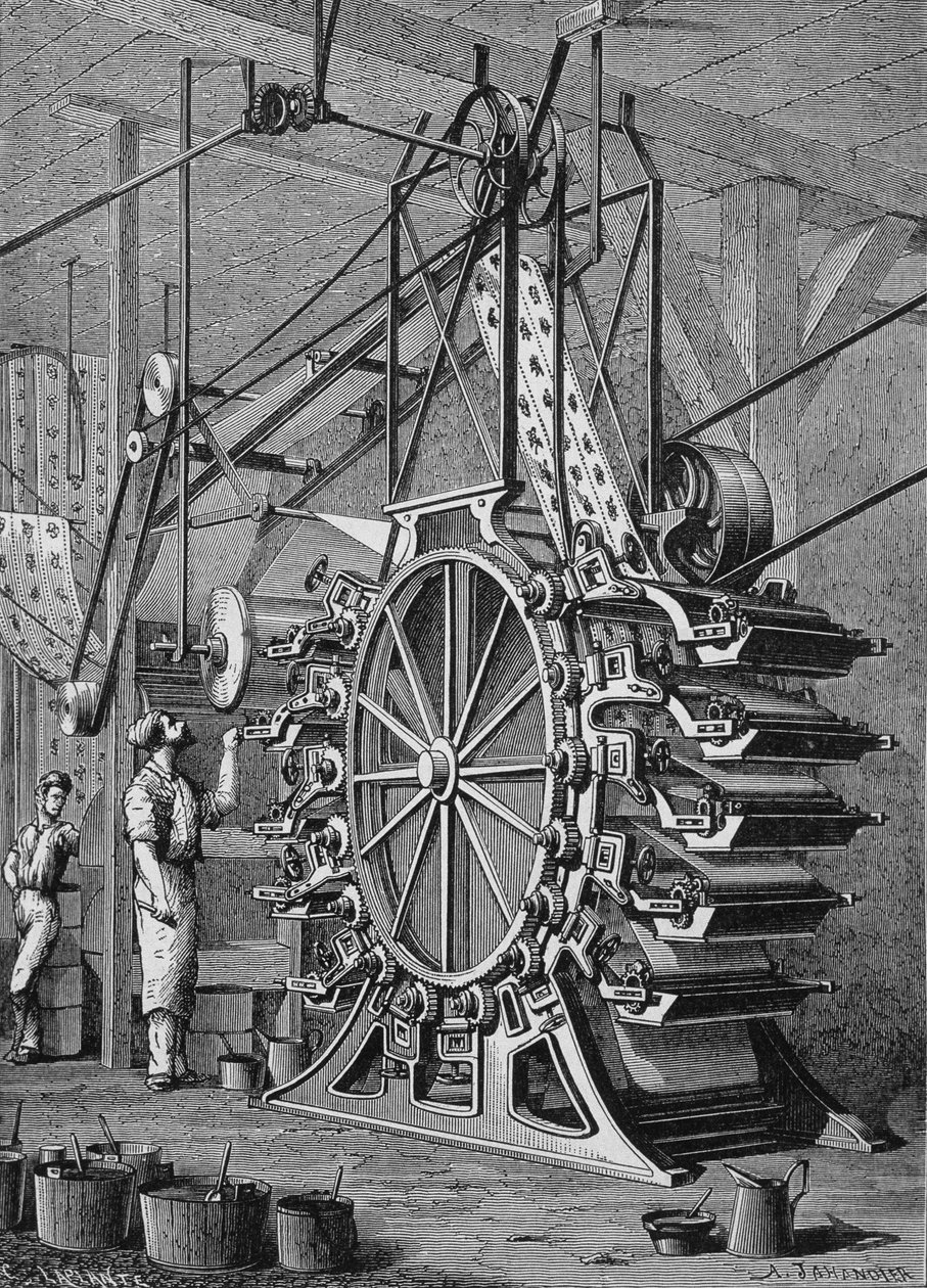 Maskin for trykking av tapeter i 10 farger, gravering 1800-tallet. av Unknown artist