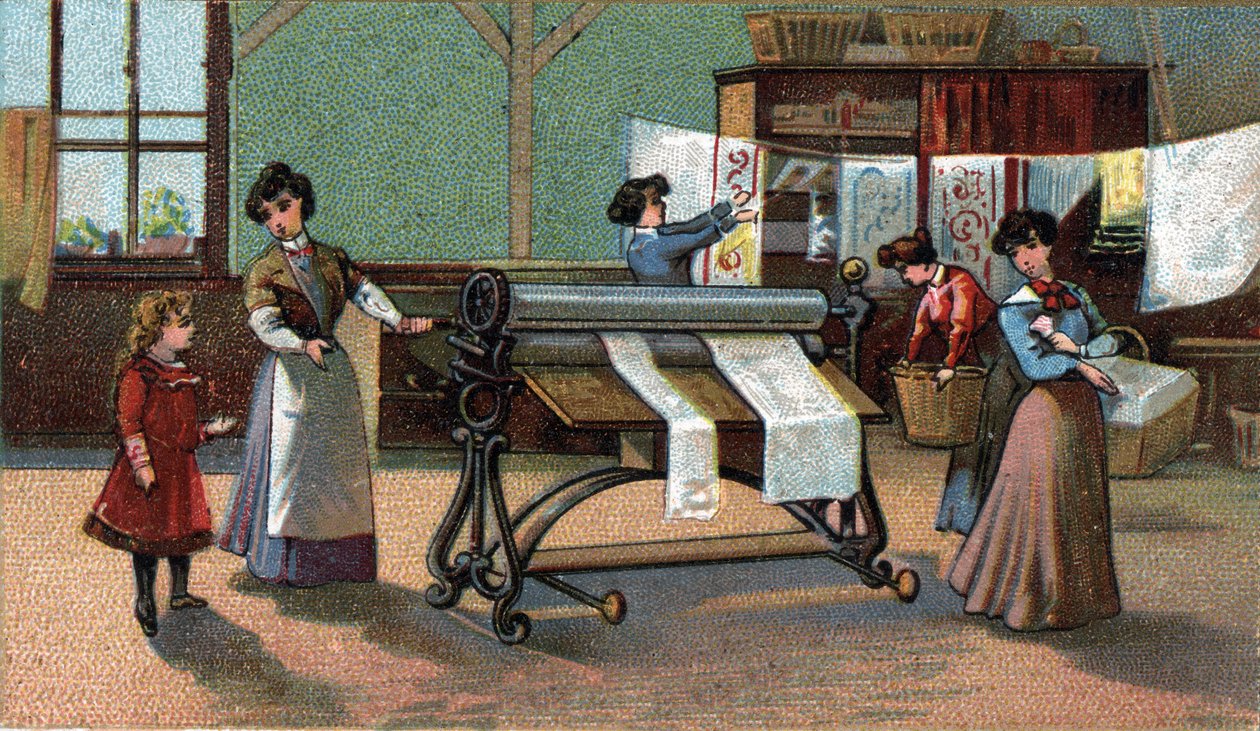 Machine ironator. (ironing). Chromolithography from the end of the 19th century. av Unknown artist