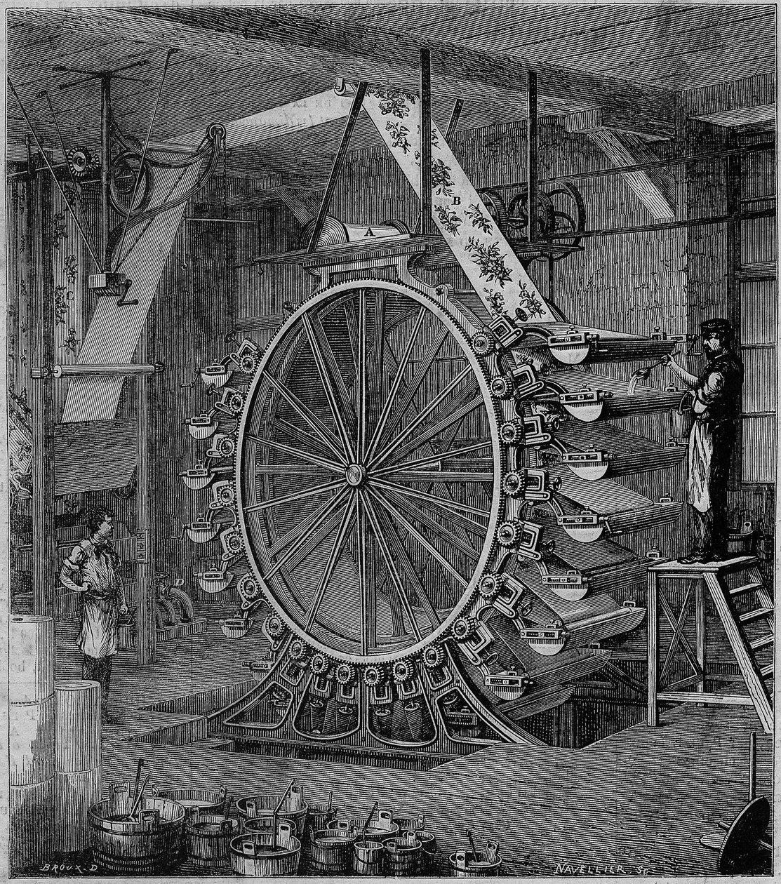 Maskintrykk tapet i tjue farger. Gravering i ""Industriens underverk, eller beskrivelse av de viktigste moderne industriene"" av Louis Figuier av Unknown artist