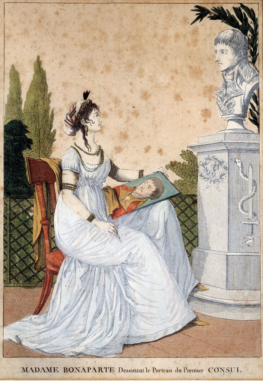 Madame Bonaparte tegner portrettet av førstekonsul Josephine de Beauharnais (1763-1814) foran bysten av ektemannen Napoleon Bonaparte (1769-1821). Anonym utskrift. 1799-1804. Søn 0,24x0,17 m Malmaison, musee du chateau av Unknown artist