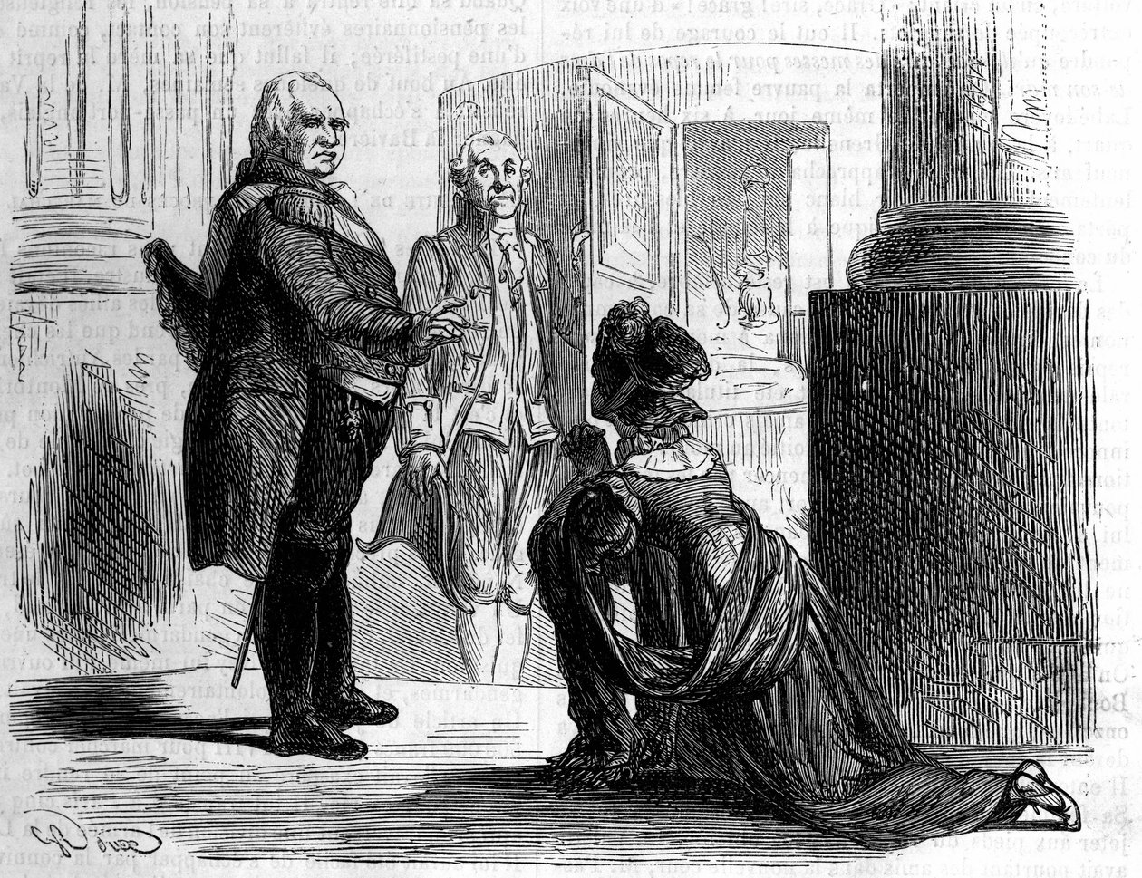 Madame grevinnen av Labedoyere på knærne til Louis XVIII, konge av Frankrike. av Unknown artist