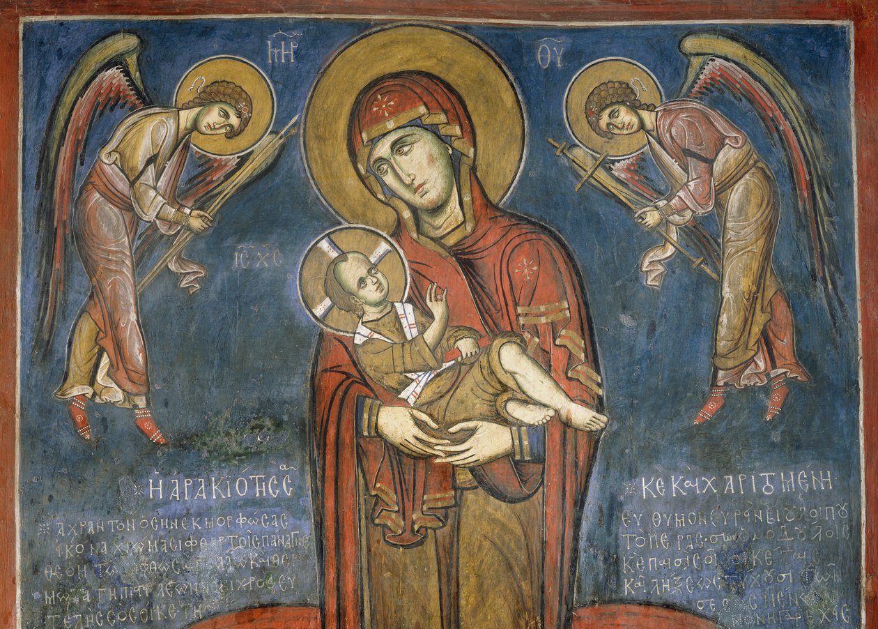 Madonna with Child between Archangels, fresco (1192), Panagia Tou Araka Church (Church of Our Lady of Pea) (Unescos verdensarvliste, 2001), Lagoudera, Troodos-fjellene, Kypros av Unknown artist