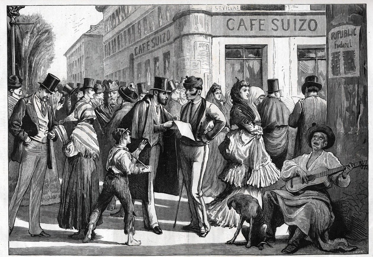 Madrid in 1873. Walkers at the corner of Seville Street and Alcala Street. Engraving from 1873. av Unknown artist