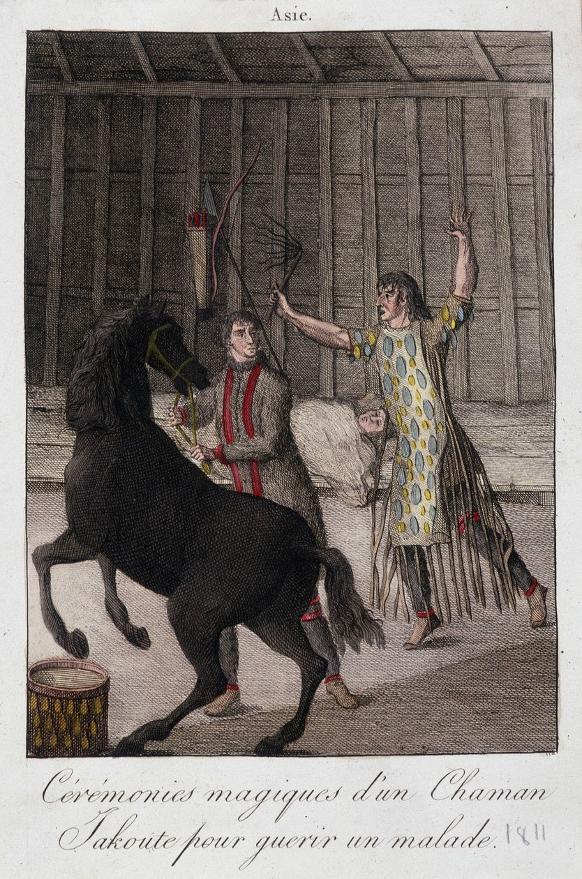 Magisk seremoni av en sjaman Yakoute (Yakoute) for å helbrede en syk (Sibir) - gravering, deb. 1800-tallet av Unknown artist