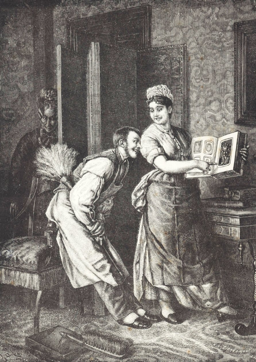 Hushjelp tar friheter og overhørt av husets elskerinne (litho) av Unknown artist