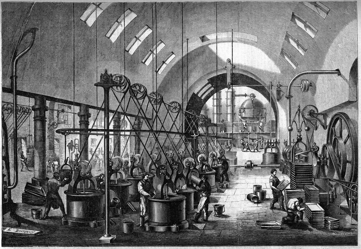 Hovedverksteder for det store sukkerraffineriet Launay, eid av Mr. Cedard i Nantes i 1864. av Unknown artist