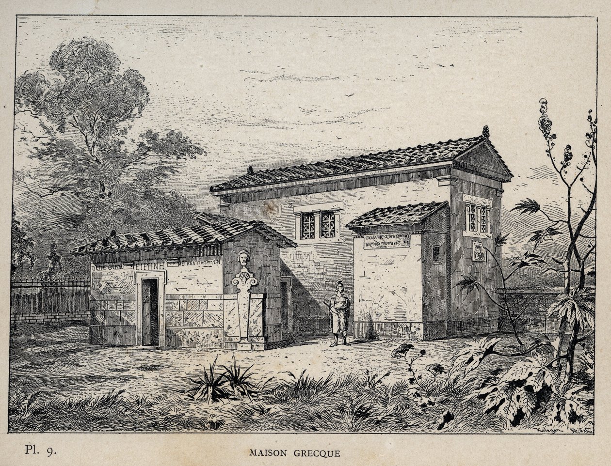 Maison Grecque (gresk hus) - gravering av 1889 i "History of human habitation at the Universal Exhibition of 1889, by Mr Charles GARNIER - Librairie centrale des beaux-arts Paris 1889 av Unknown artist