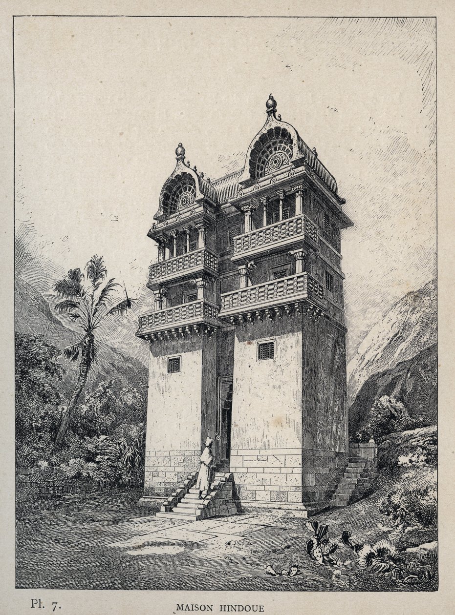 Maison Hindu (hindu-hus) - gravering av 1889 i "History of human habitation at the Universal Exhibition of 1889, by Mr Charles GARNIER - Librairie centrale des beaux-arts Paris 1889 av Unknown artist