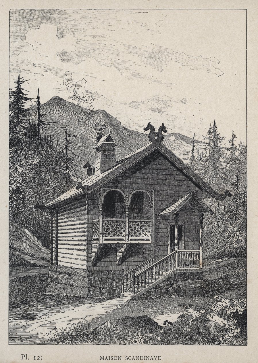 Maison Scandinavian (Scandinavian House) - gravering av 1889 i "History of human habitation at the Universal Exhibition of 1889, by Mr Charles GARNIER - Librairie centrale des beaux-arts Paris 1889 av Unknown artist