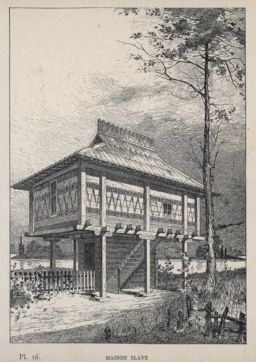 Maison Slave - gravering av 1889 i "History of human habitation at the Universal Exhibition of 1889, av Mr Charles GARNIER - Librairie centrale des beaux-arts Paris 1889 av Unknown artist
