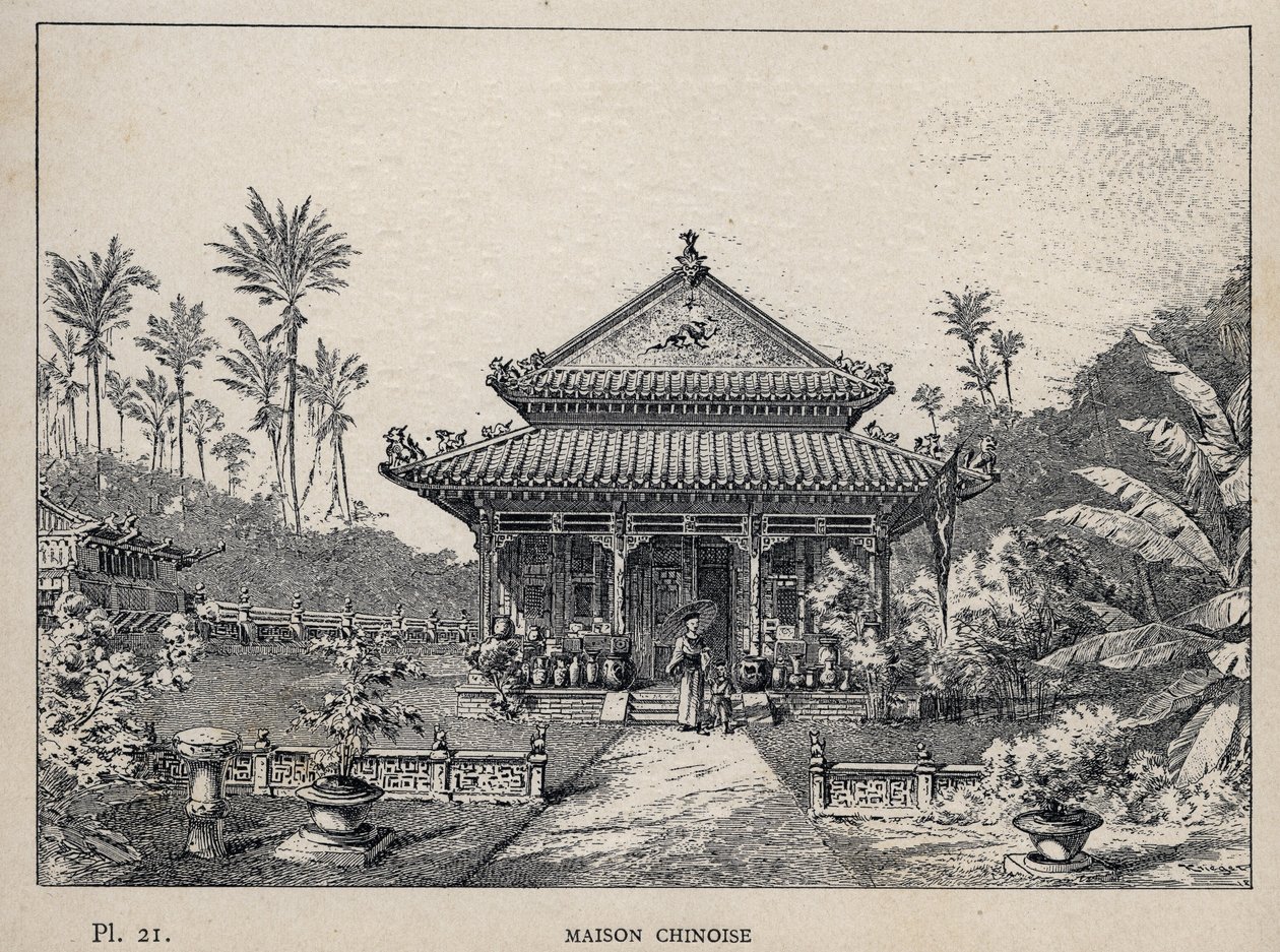 Kinesisk hus - (kinesisk hus) - gravering av 1889 i "History of human habitation at the Universal Exhibition of 1889, by Mr Charles GARNIER - Librairie centrale des beaux-arts Paris 1889 av Unknown artist
