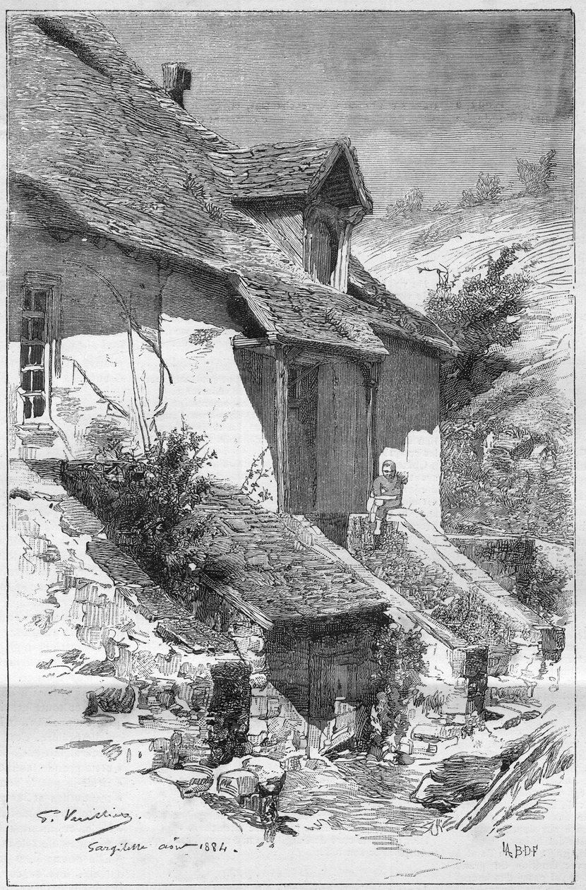House of George Sand (Aurore Dupin, Baronne Dudevant) (1804-1876), fransk forfatter, i Gargilesse (Indre) ved bredden av Creuse i Frankrike. Gravering i ""The Illustrious World"" av Unknown artist