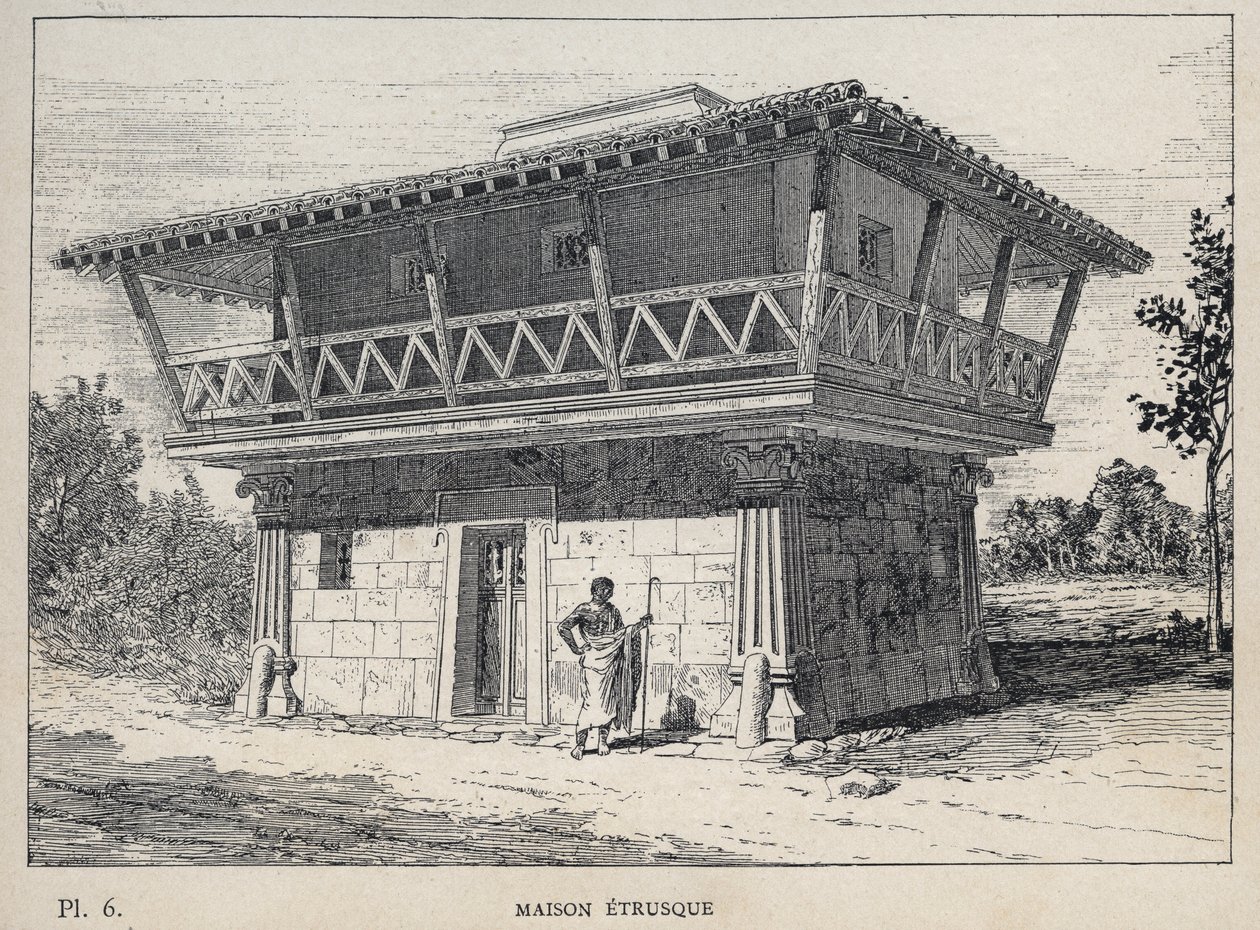 Maison etrusque (etruskisk hus) - gravering av 1889 i "History of human habitation at the Universal Exhibition of 1889, by Mr Charles GARNIER - Librairie centrale des beaux-arts Paris 1889 av Unknown artist