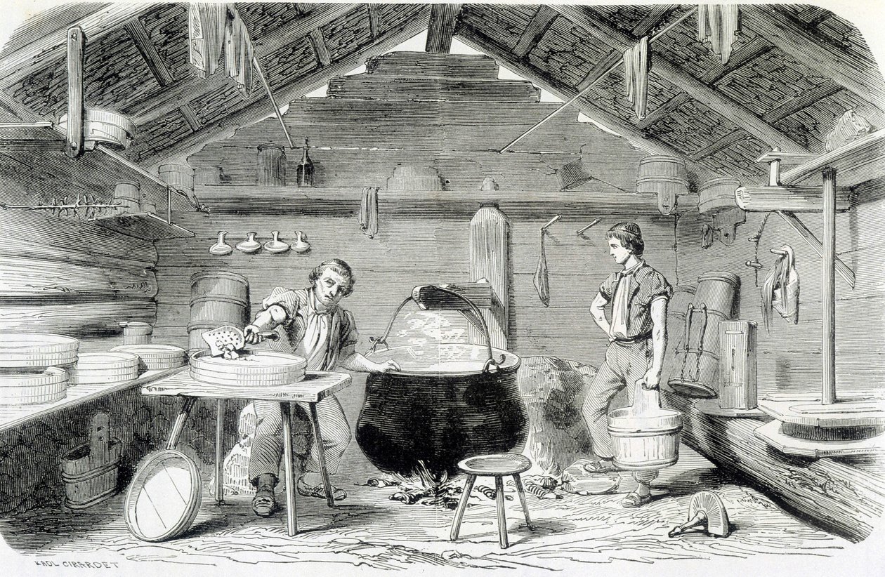 Å lage Gruyère-ost i en sveitsisk hytte, eller ostefabrikk i Alpene - i "" Industriens underverk"" av Louis Figuier av Unknown artist