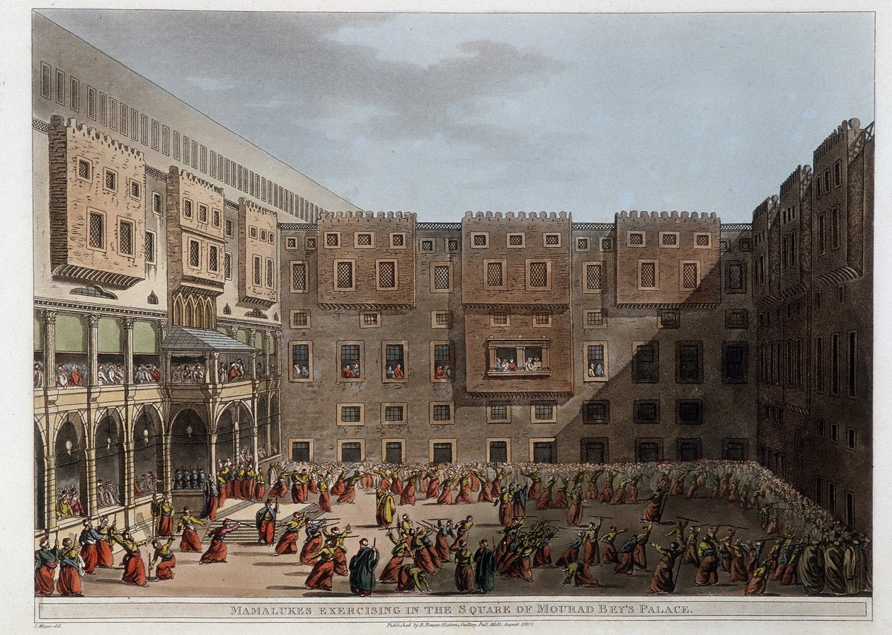 Mamelukker øver på gårdsplassen til Palace Mourad Bey - i "Utsikt i Egypt, Palestina og andre deler av det osmanske riket"" av Unknown artist