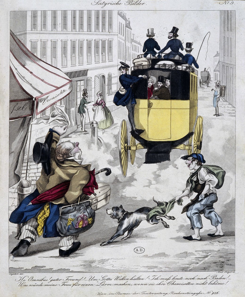 Mannspresse savner Omnibus. Tegneserie laget rundt 1840 av Unknown artist