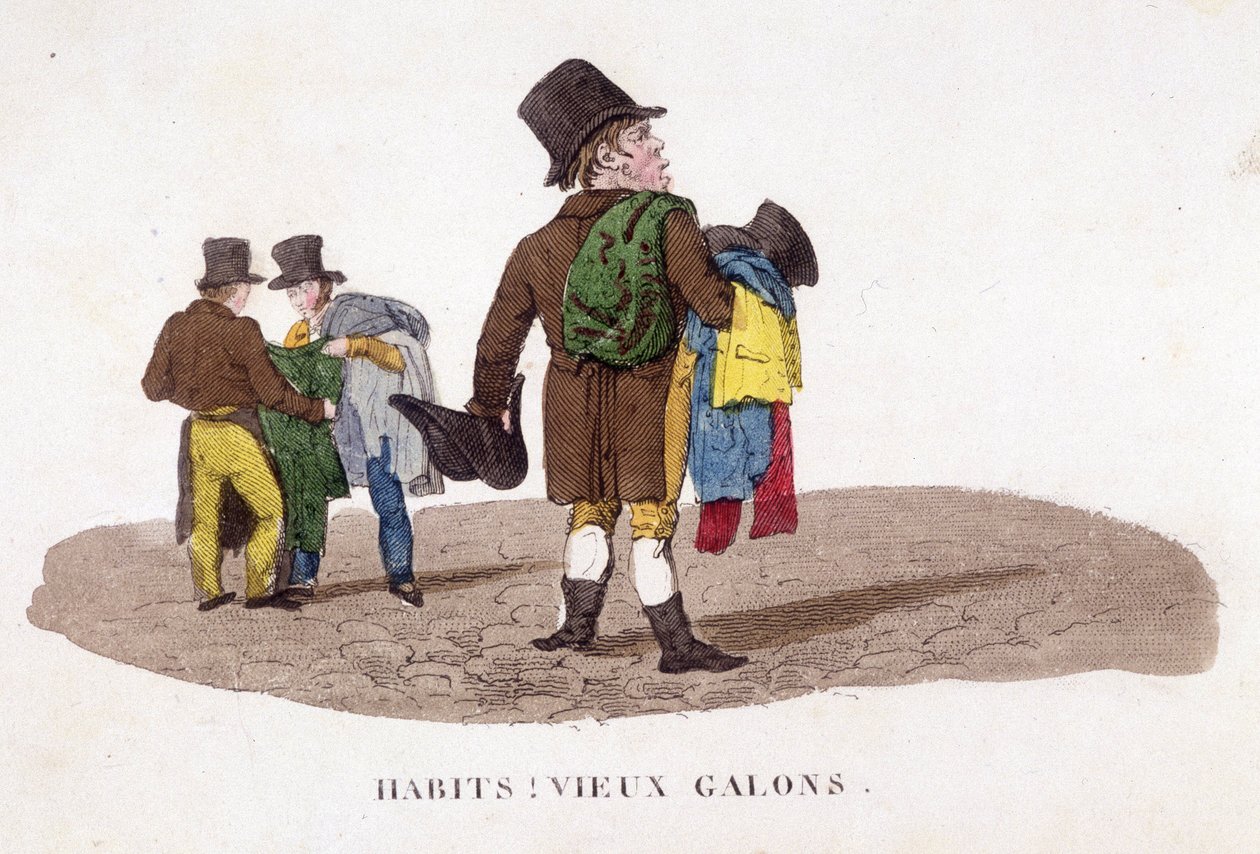 Mann som selger klær på gaten. av Unknown artist