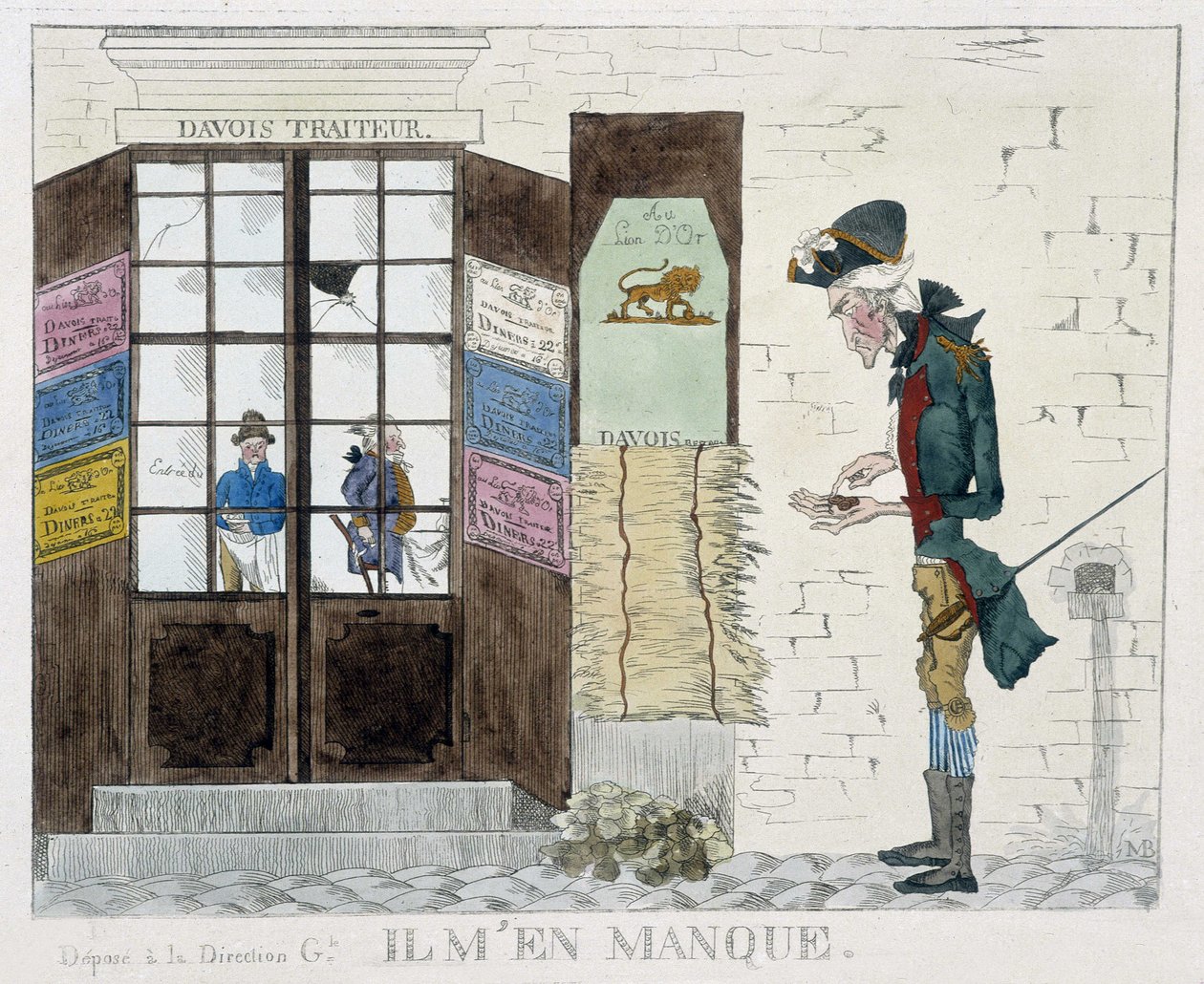 Mann uten krone foran cateringbutikken - gravering av Unknown artist