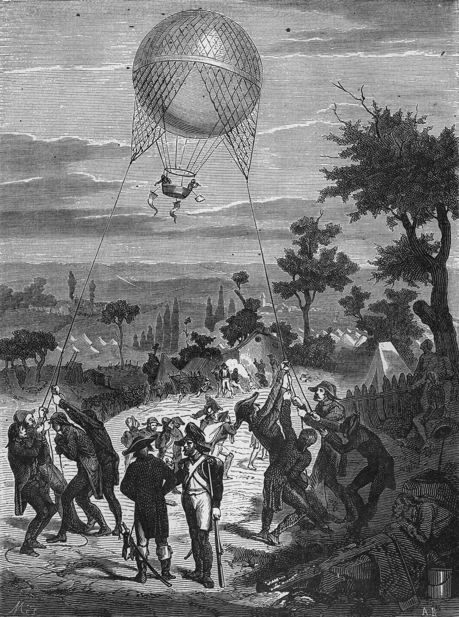 Manøver av en aerostat i fangenskap brukt i republikkens hær. I "Album de la science", Éditions Jouvet av Unknown artist