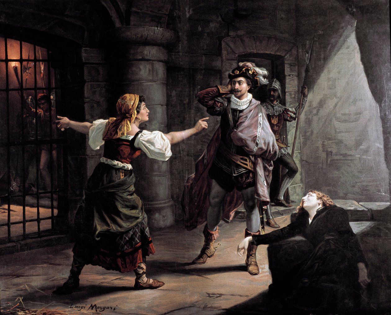 Manrico og Azucena er fengslet i Aliaferia-palasset, Leonora prøver å redde dem Illustrasjon for "" Funnet"" (Il trovatore) av Giuseppe Verdi (1813-1901). Litografi omkring 1880. Privat samling av Unknown artist