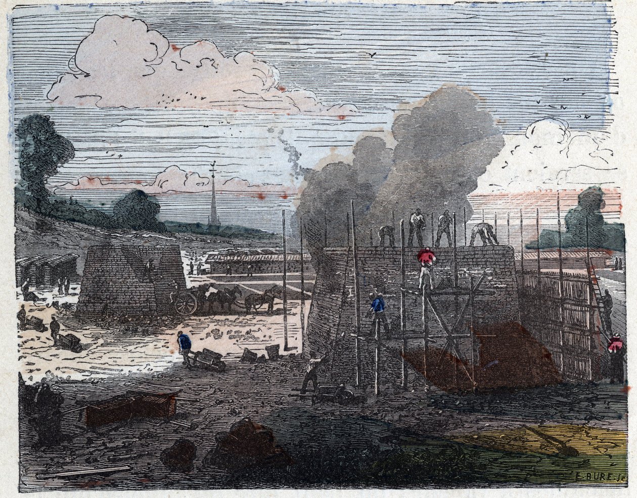 Produksjon av en murstein på 1800-tallet: matlaging. Mursteinene legges i lag og dekkes deretter med jord før det settes fyr. Gravering sent på 1800-tallet. av Unknown artist