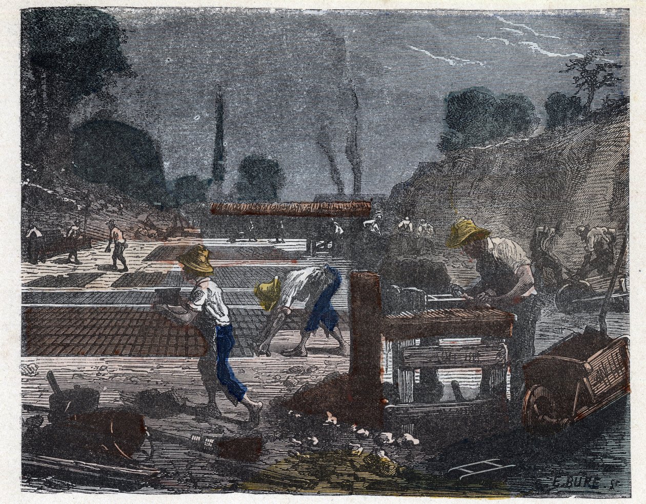 Produksjon av en murstein på 1800-tallet: formarbeideren fyller formen sin med leirmasse, så legger lærlingen mursteinen på gulvet for å tørke den. Gravering sent på 1800-tallet. av Unknown artist
