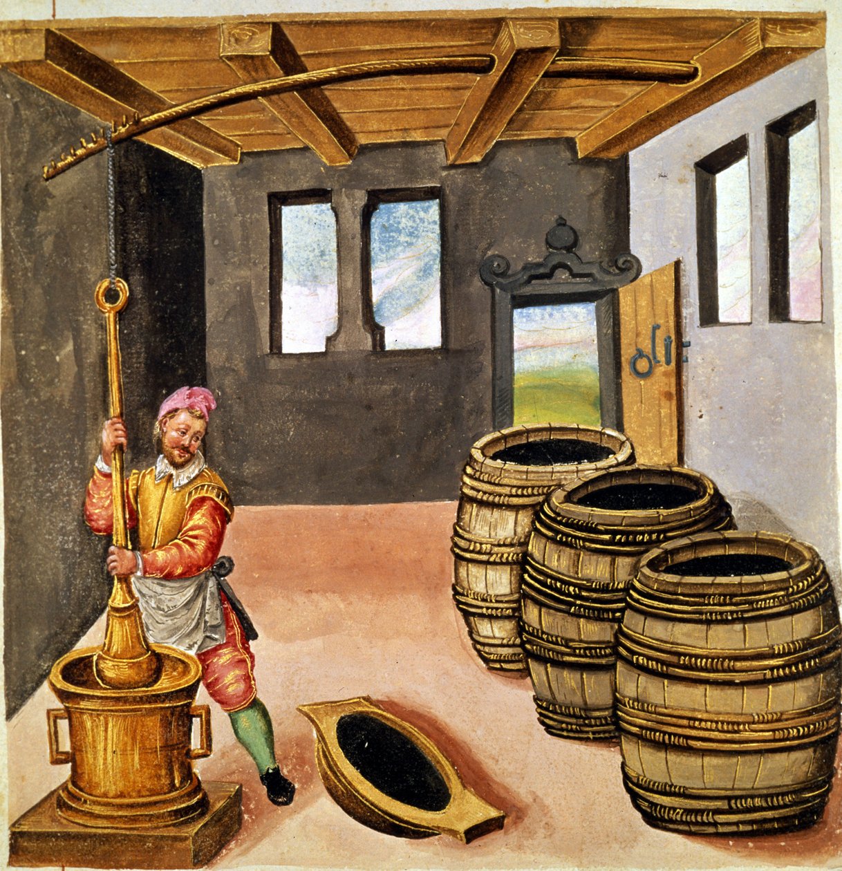 Produksjon av svartkrutt - i "Håndbok for pyroteknikk, våpenlager og festningsverk" "på 1500-tallet. av Unknown artist