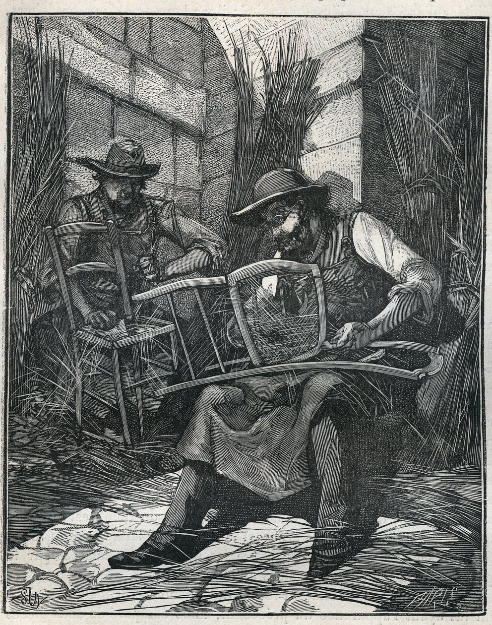 Produksjon av stoler: mulching og stokking av stoler. Gravering fra 1885 i "" Les arts et metiers illustres"" av Adolphe BITARD. av Unknown artist