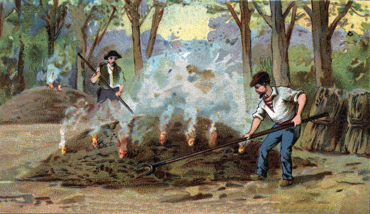 Manufacture of charcoal, combustion furnace. Chromolithography of the late 19th century av Unknown artist