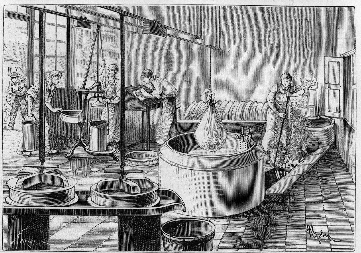 Produksjon av gruyere: en moderne ostefabrikk. Gravering i "" Nature: gjennomgang av vitenskapene og deres anvendelser på kunst og industri "" av 19. september 1891. av Unknown artist