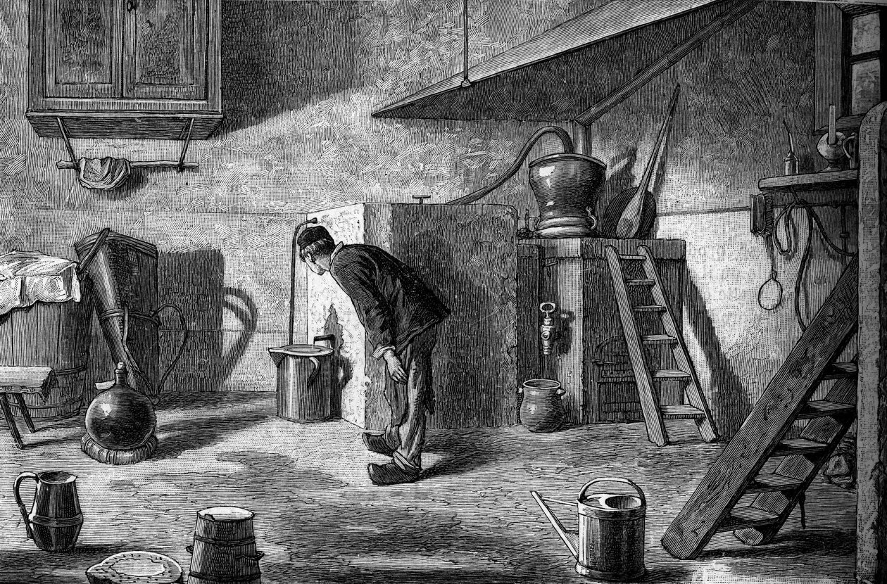Produksjon av kirsch: destillasjon, slottet Isenberg i Alsace. Gravering i "" Le Journal de la jeunesse"" av Unknown artist