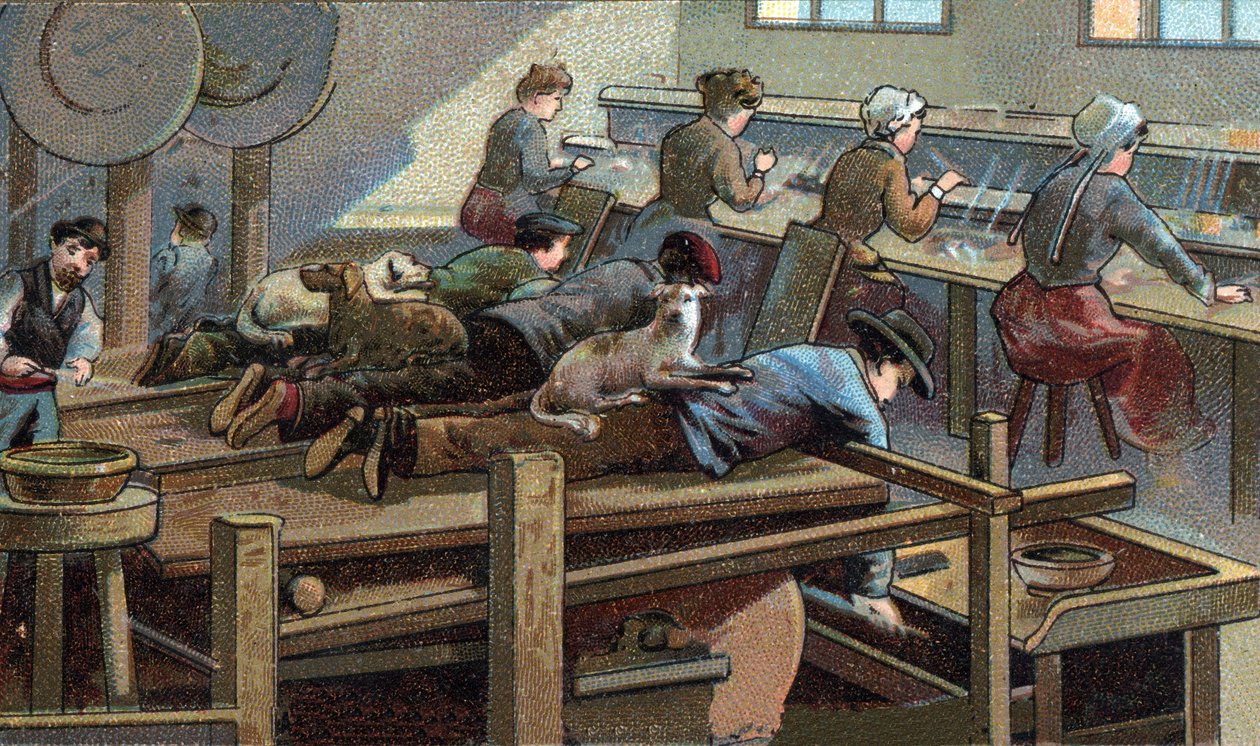 Produksjon av kniver, støpeverksted. Kromolitografi fra slutten av 1800-tallet av Unknown artist