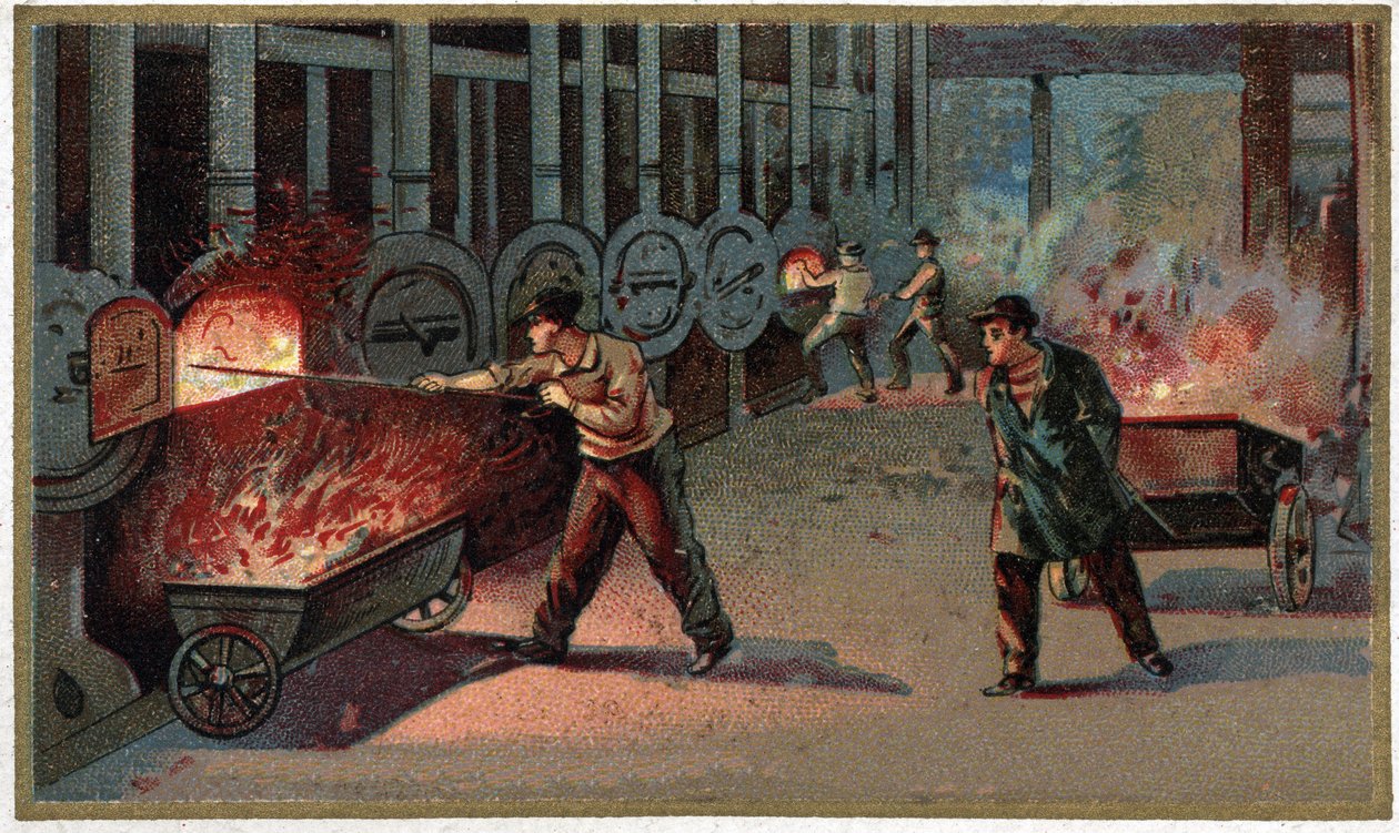 Produksjon av belysningsgass: lasting av cornu. Kromolitografi fra slutten av 1800-tallet av Unknown artist