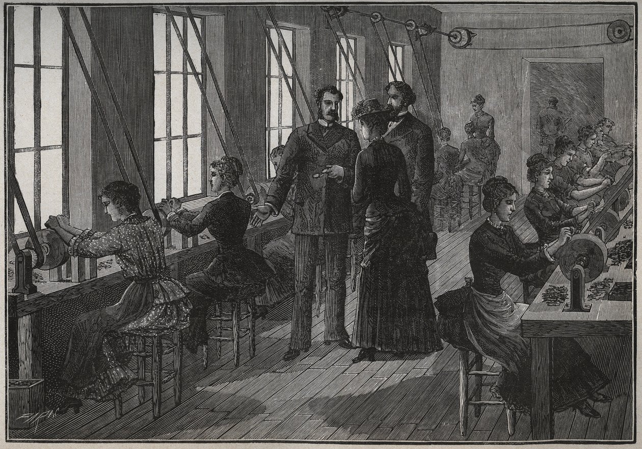 Produksjon av metallfjær: slipeverksted i Frankrike på 1800-tallet. Gravering fra 1885 i "" Les arts et metiers illustres"" av Adolphe BITARD. av Unknown artist
