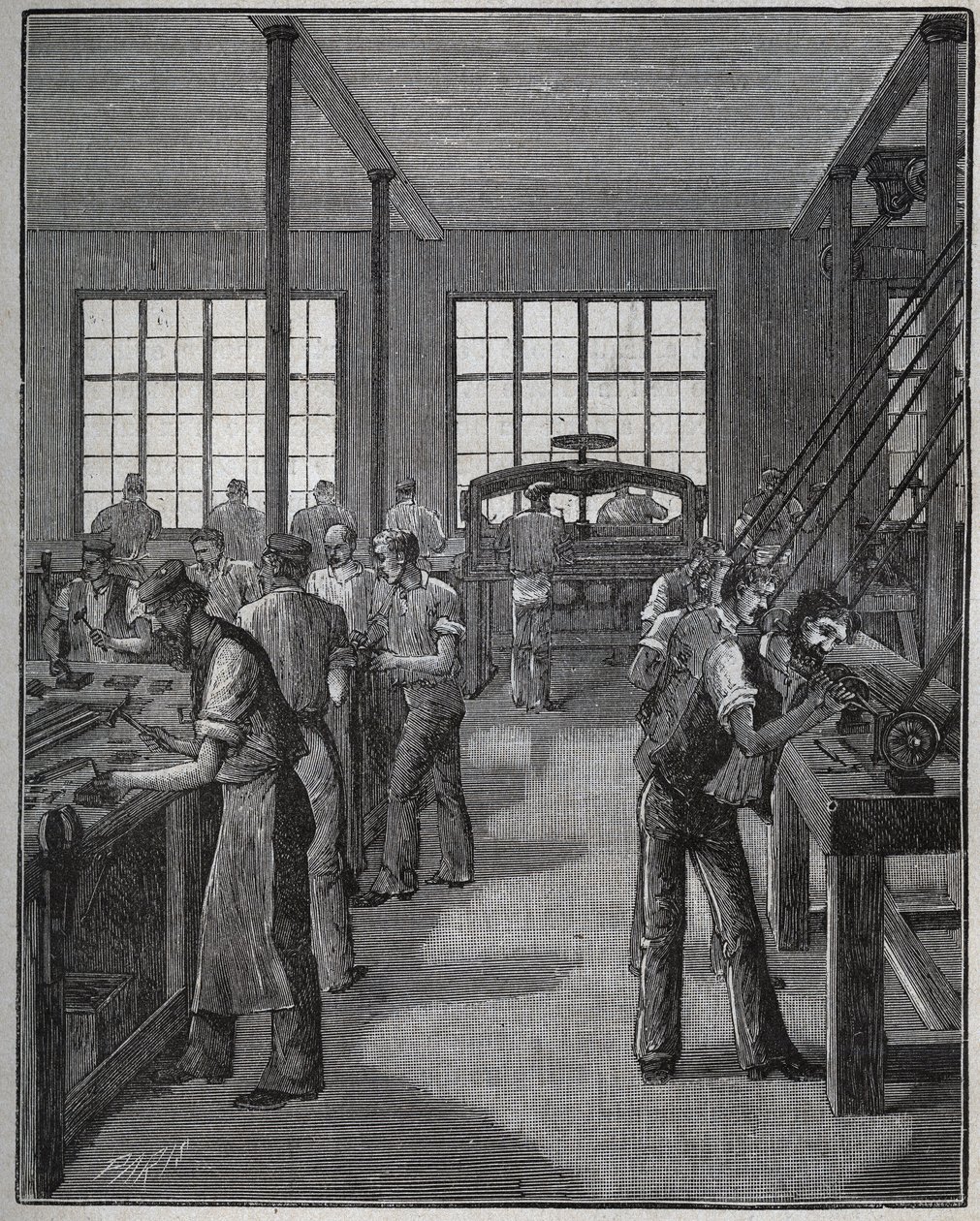 Produksjon av pennholder (penneholder) og blyantholder (blyantholder). Gravering fra 1885 i "" Les arts et metiers illustres"" av Adolphe BITARD. av Unknown artist
