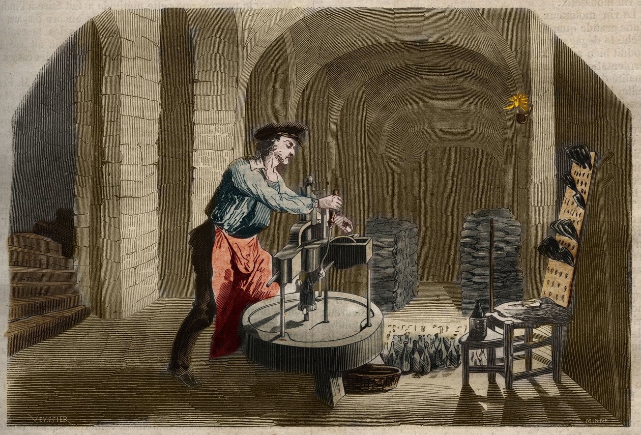 Produksjon av musserende champagnevin: tappemaskin brukt i en kjeller. Gravering fra 1858 i "" Le Musee Des Sciences"" av Unknown artist