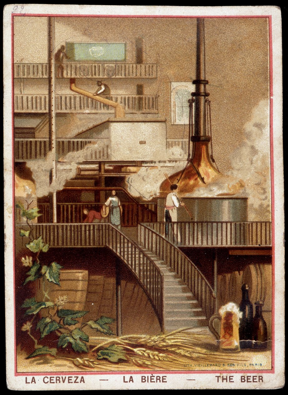 Produksjon av ølet på 11800-tallet”: Bryggeri - Chromolithography sd. 1800-tallet. av Unknown artist