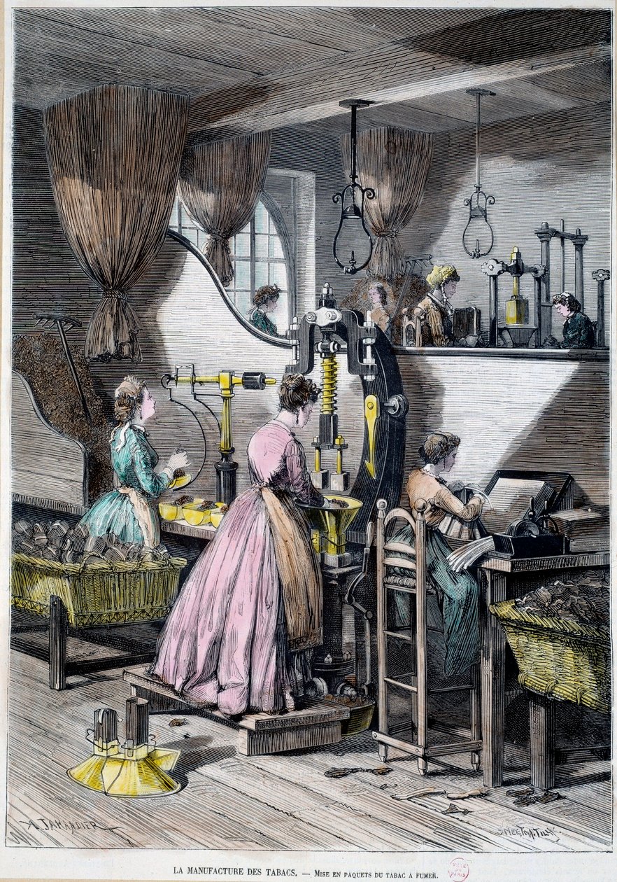 Produksjon av tobakk, emballasje av tobakk for røyking. Litografi av Paris 1867, Musee Carnavalet av Unknown artist