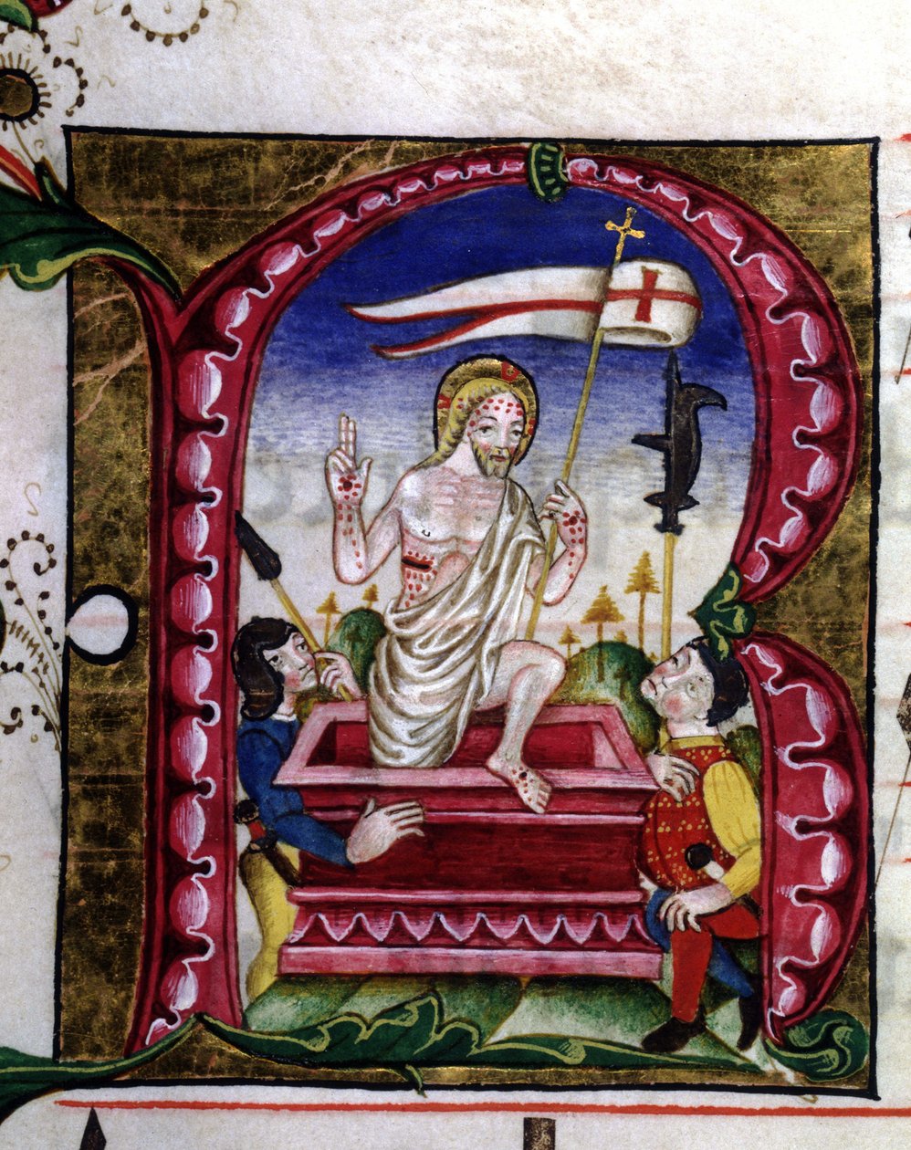 Manuskript av en liturgisk sang. Miniatyr som representerer oppstandelsen. 1400-tallet. Kirken til den kronede jomfruen av Lodi. av Unknown artist