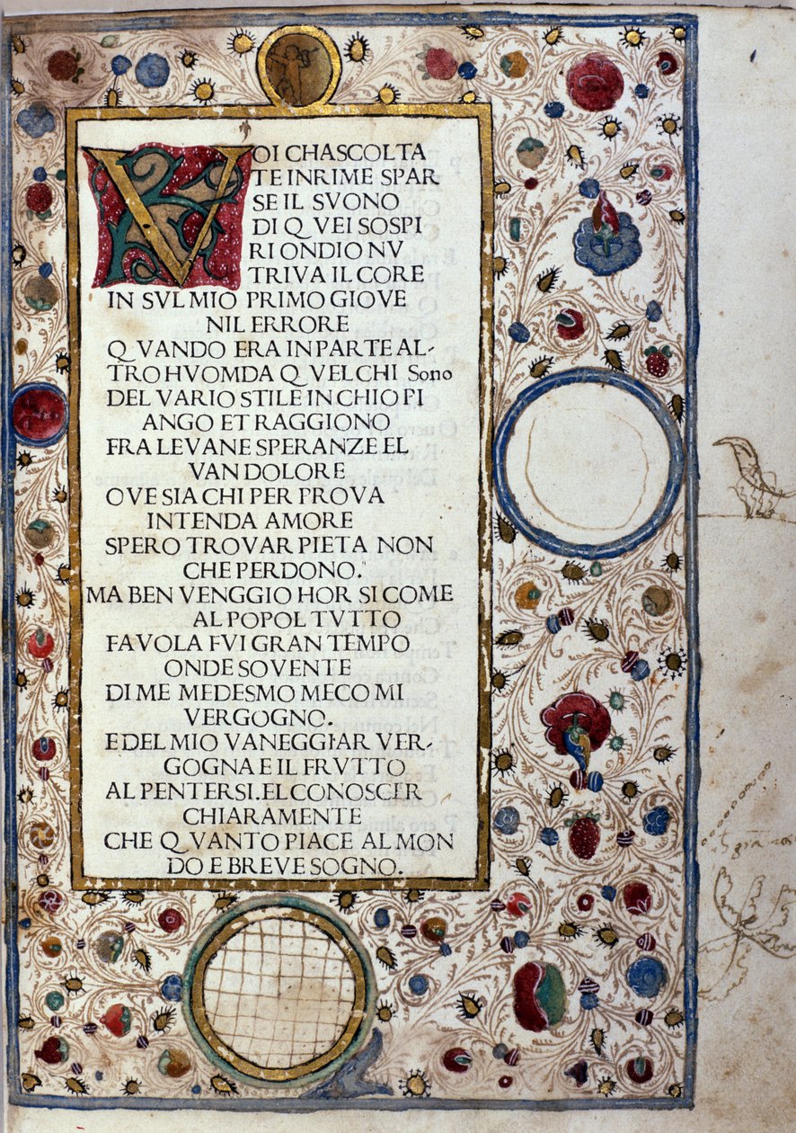 Manuskriptside av "" Il Canzoniere "" av Francesco Petrarca (Petrarca) (1304-1374) 1493 av Unknown artist
