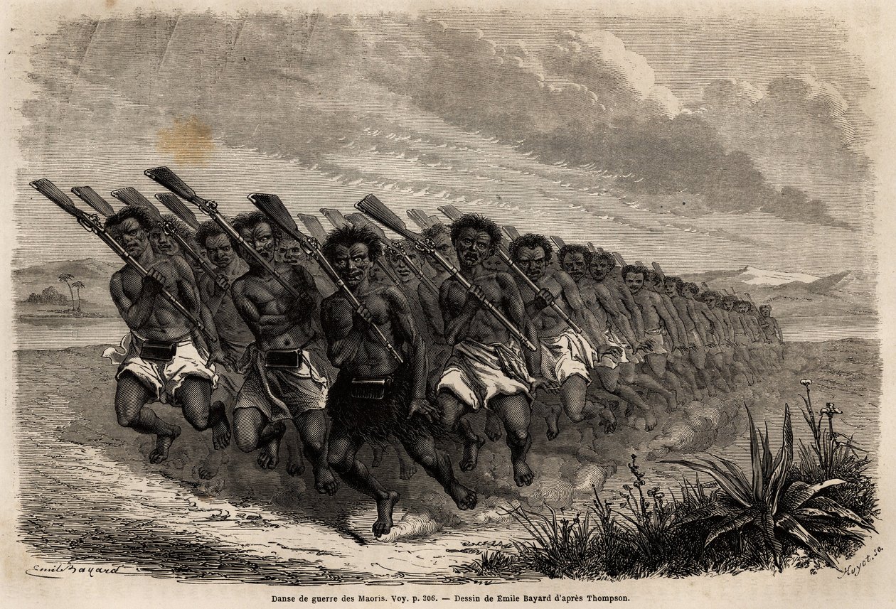 Maori War Dance, tegning av Emile Bayard (1837-1891), for å illustrere Ferdinand de Hochstetters reise til New Zealand fra 1858 til 1860. Gravering i “” Le tour du monde””, redigert av Edouard Charton av Unknown artist