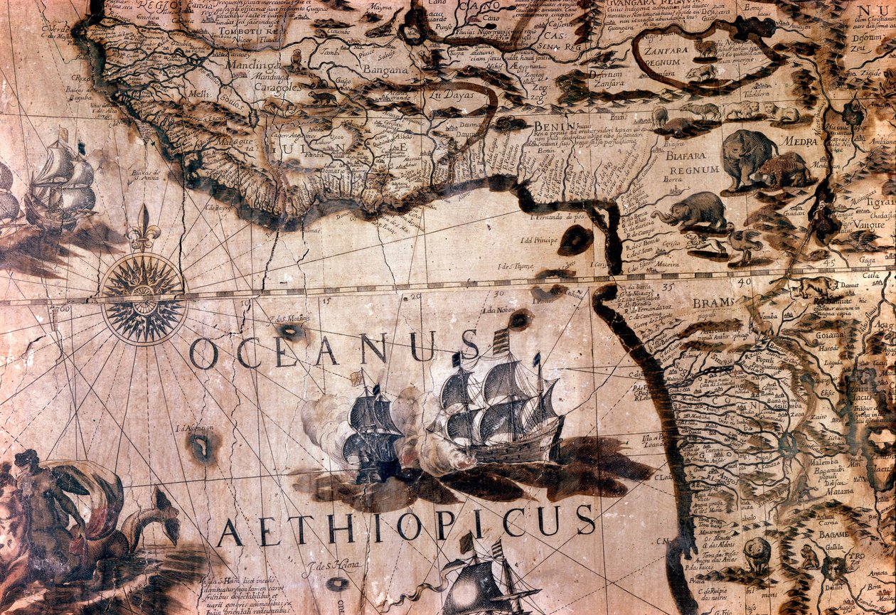 Kart over Afrika: detalj som viser Beninbukta med øya Saint Helene. Roma Italian Geographic Society fra 1600-tallet av Unknown artist