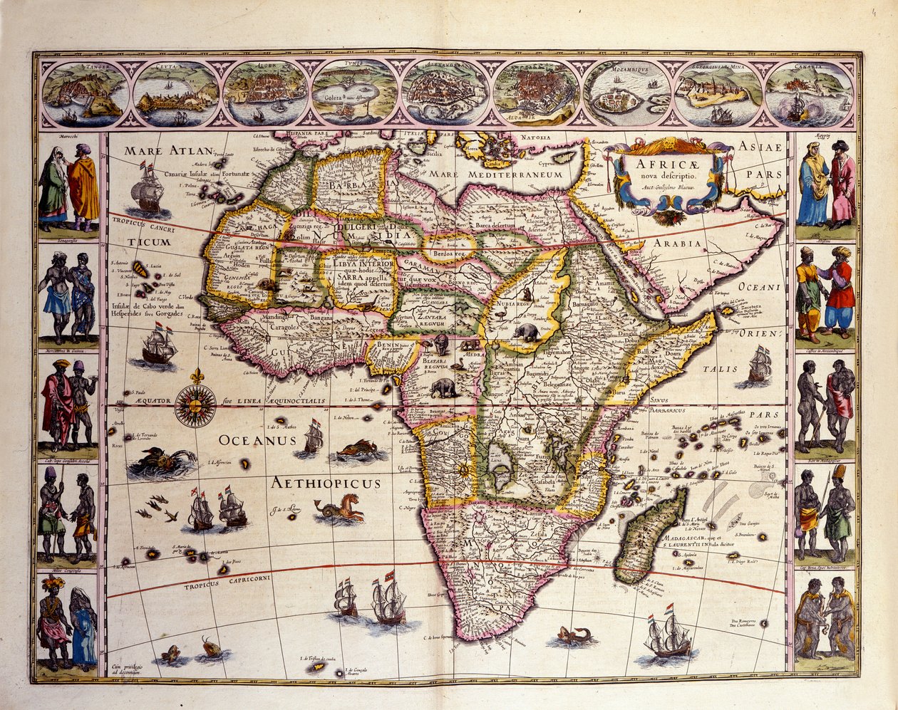 Kart over Afrika fra William Blaeus Atlas. På toppen er byene Tanger, ceuta, Alger, Tunis, Alexandria, Alcair, Mosambik, Saint Georges de la Mina, Kanariøyene. Ulike øyer er også representert utenfor Afrika, Mascareignes-øyene, Mada av Unknown artist