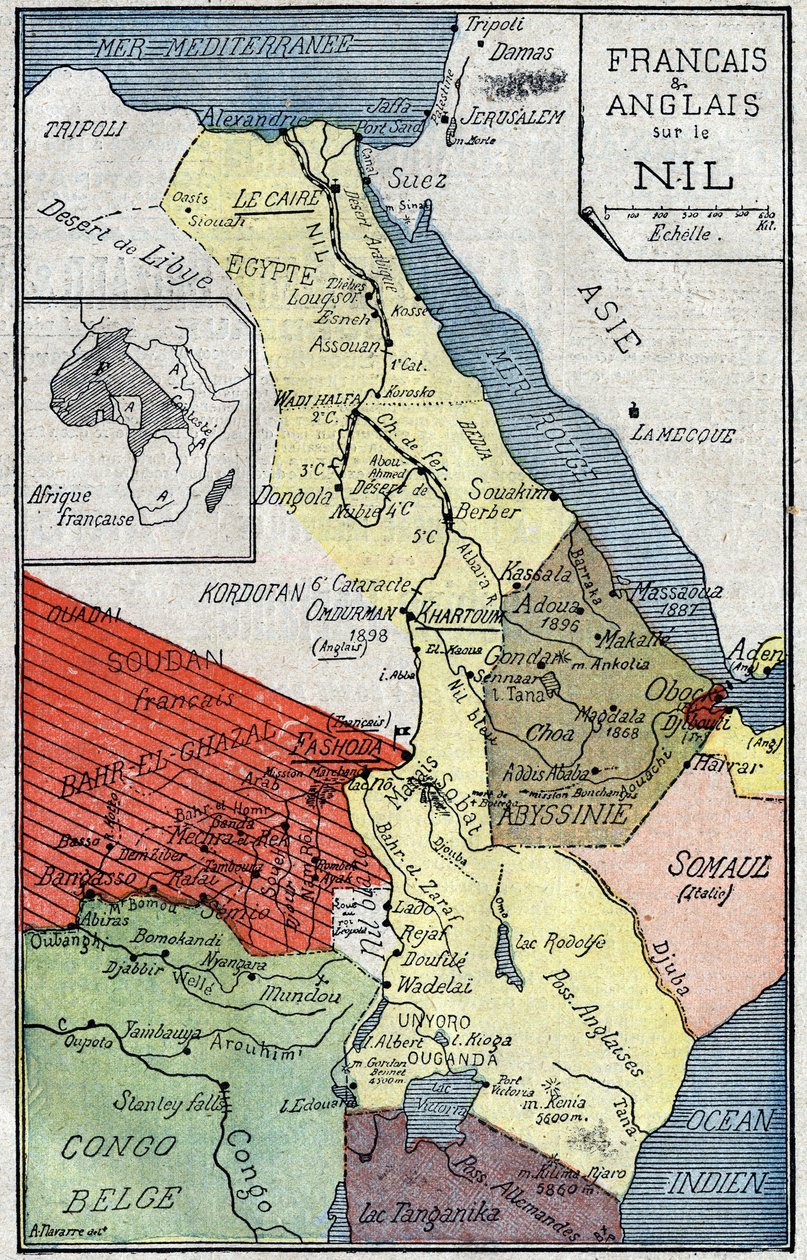 Kart over afrikanske territorier kolonisert av franskmenn og engelskmenn langs Nilen. Illustrasjon i "" Le Pelerin"" av 2. oktober av Unknown artist