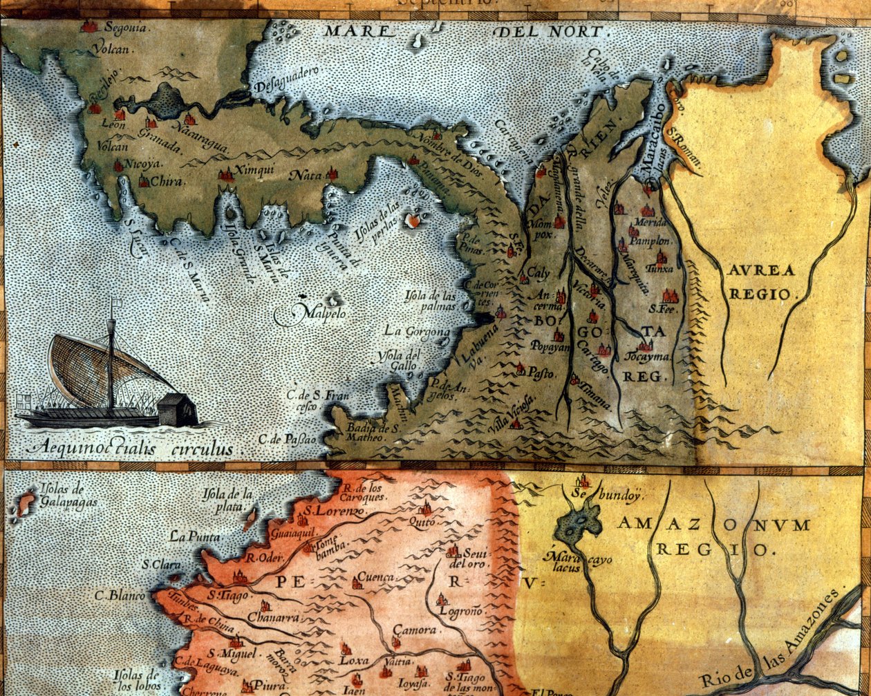 Kart over Mellom-Amerika på 1500-tallet: over det viser regionene Peru, Amazonas og Bogota (Panama, Colombia og Venezuela). av Unknown artist