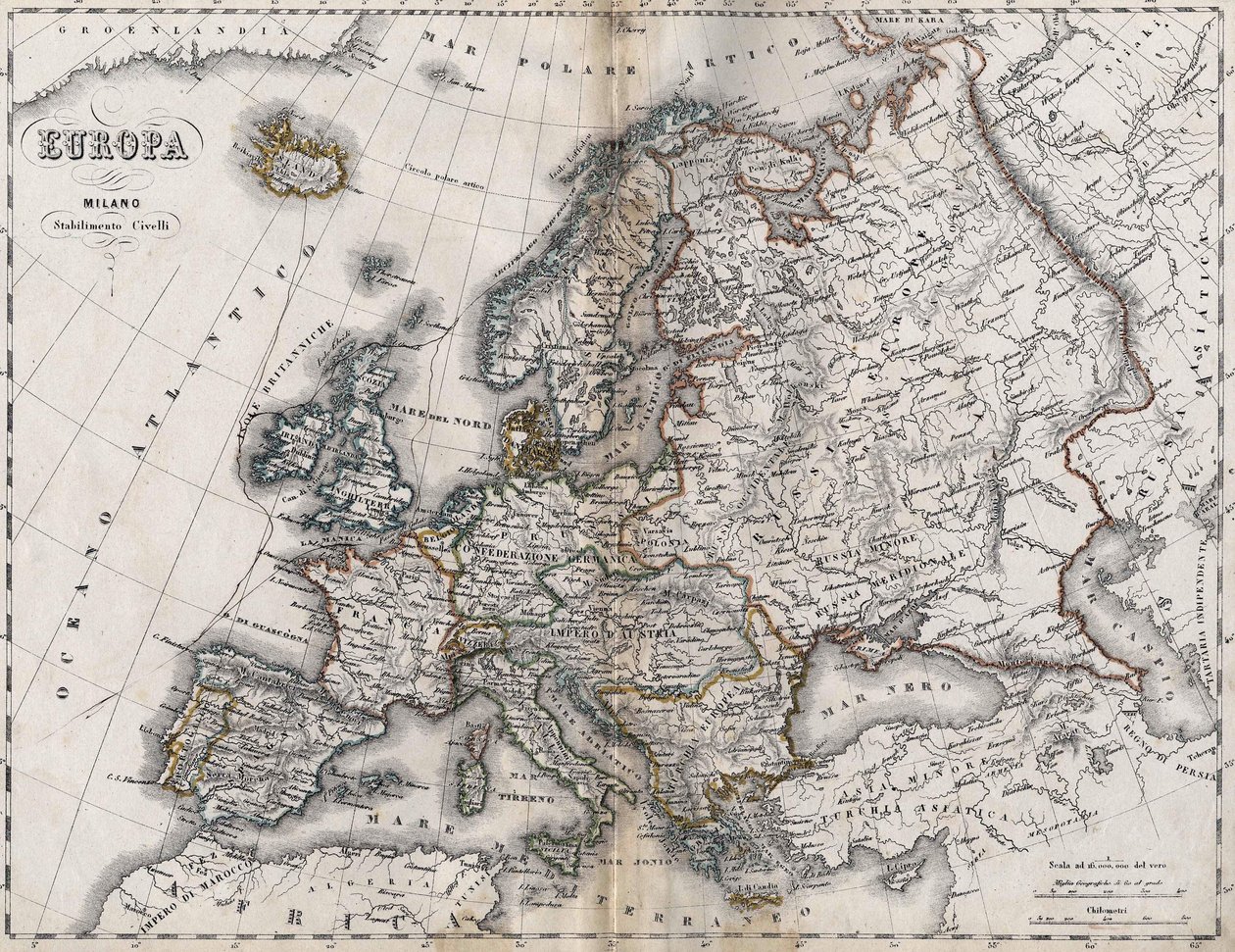 Map of Europe. Second half of the 19th century. Italian Atlas. Stabilimento Civelli. Milan. av Unknown artist