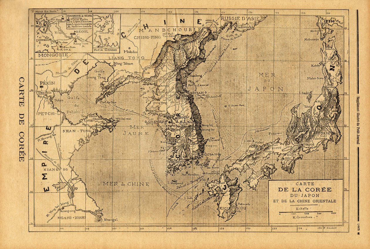 Kart over Korea, Japan og Øst-Kina. Gravering i "" Le petit journal"" 3/09/1894. Selvas samling. av Unknown artist